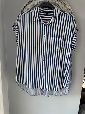 Jane and Delancey Navy and White Vertical Stripe Short Sleeve Blouse